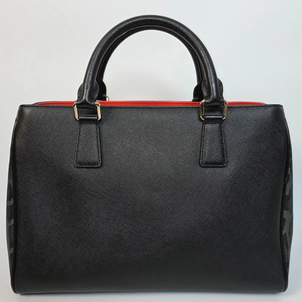 Metrocity Black Saffiano Leather Leopard Print Satchel Handbag Gold‎ Hardware